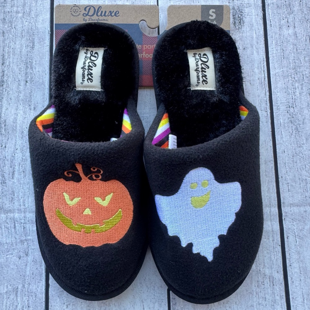 Halloween Dluxe Dearfoam Slippers Ghost Pumpkin Black Faux Fur Small 5-6 NEW